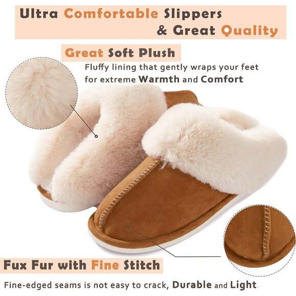 Women's Brown Fluffy Cozy Winter Warm Plush Memory Foam Slip On Slippers Shoes - Picture 4 of 6